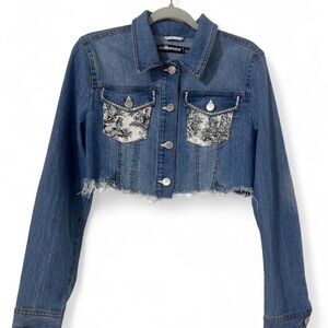 Upcycled Cropped Denim Jacket Juniors XL | Toile Print Rhinestone Trim